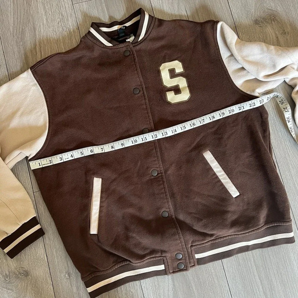 Color-block Baseball Jacket|Bomber Jacket|Dark brown/white, Seattle, West Coast - Picture 3 of 10